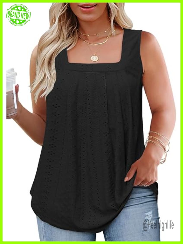 Plus Size Tank Top Square Neck Sleeveless Pleated Flowy Tunic Eyelet Tee